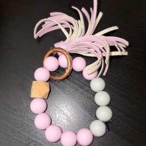 Pink and Cream Kids Tassel Teething Bead key chain